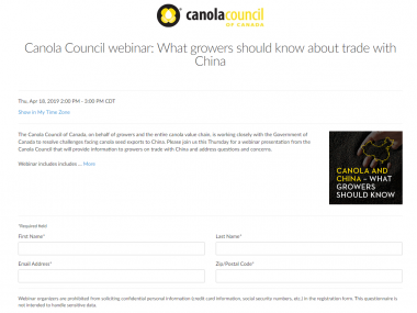 Screen shot of Webinar sign up page